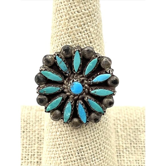 Vintage Zuni Petit Point Turquoise Ring 925 Sterling Silver Size 7.25 - Picture 1 of 8